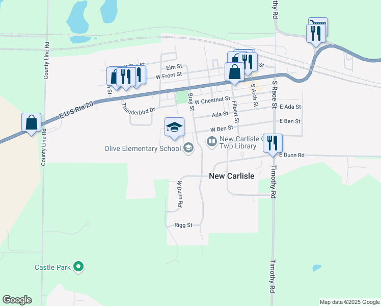 map of restaurants, bars, coffee shops, grocery stores, and more near 300 West Ben Street in New Carlisle