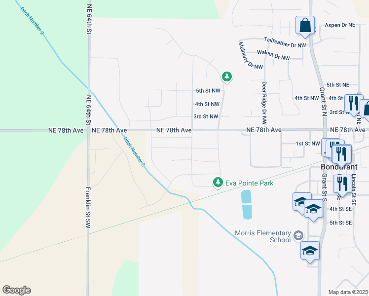 map of restaurants, bars, coffee shops, grocery stores, and more near 708 1st Street Northwest in Bondurant