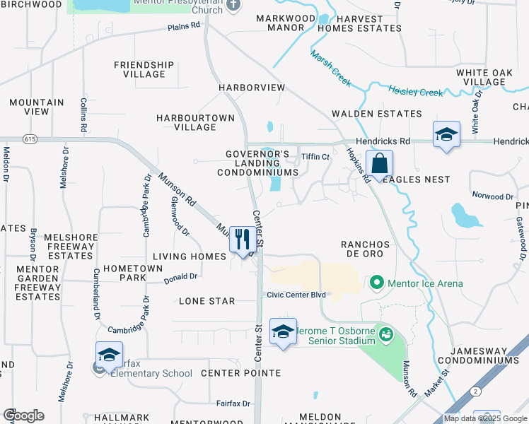 map of restaurants, bars, coffee shops, grocery stores, and more near 6221 Center Street in Mentor