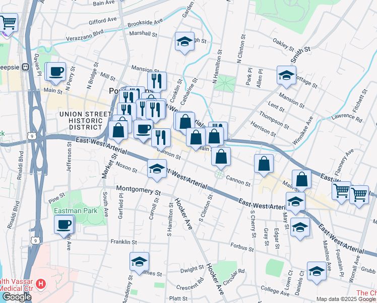 map of restaurants, bars, coffee shops, grocery stores, and more near 13 South Hamilton Street in Poughkeepsie