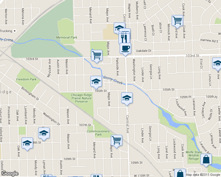 map of restaurants, bars, coffee shops, grocery stores, and more near 5636 West 105th Street in Oak Lawn
