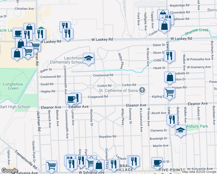 map of restaurants, bars, coffee shops, grocery stores, and more near 4565 Overland Parkway in Toledo
