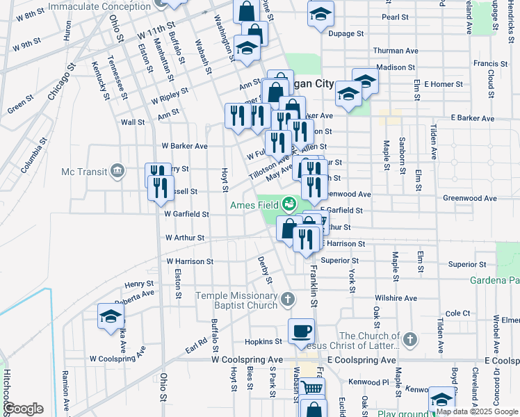 map of restaurants, bars, coffee shops, grocery stores, and more near 300 West Garfield Street in Michigan City