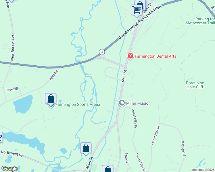 map of restaurants, bars, coffee shops, grocery stores, and more near 376 Main Street in Farmington