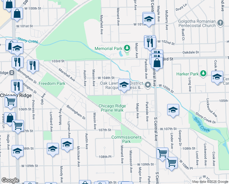 map of restaurants, bars, coffee shops, grocery stores, and more near 10445 Mansfield Avenue in Oak Lawn