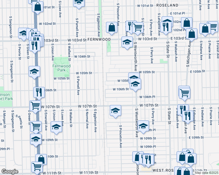 map of restaurants, bars, coffee shops, grocery stores, and more near 336 West 106th Street in Chicago
