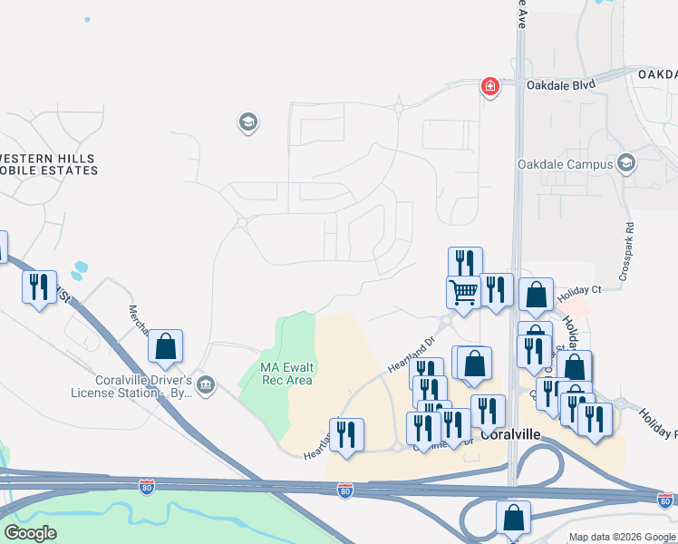 map of restaurants, bars, coffee shops, grocery stores, and more near 2855 Heartland Drive in Coralville