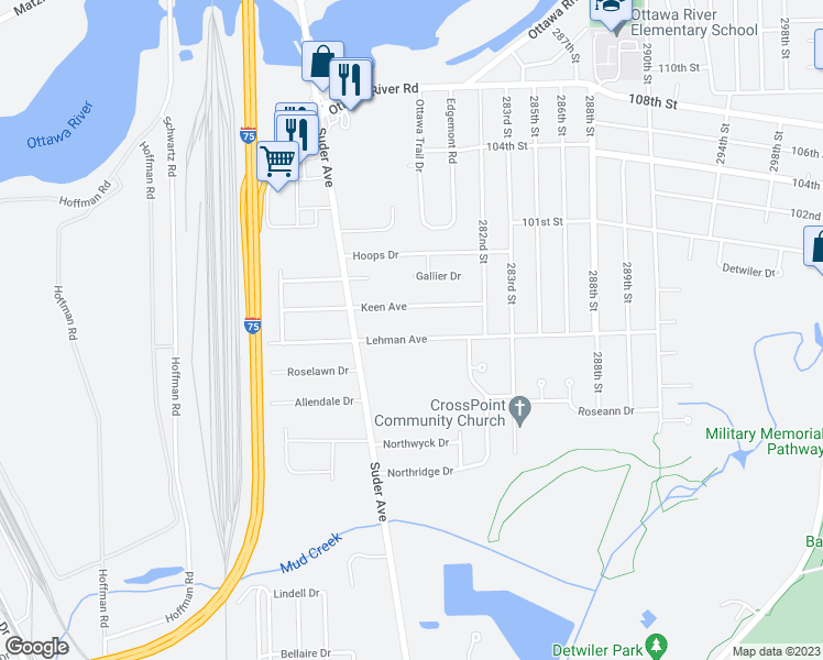 map of restaurants, bars, coffee shops, grocery stores, and more near 2057 Lehman Avenue in Toledo