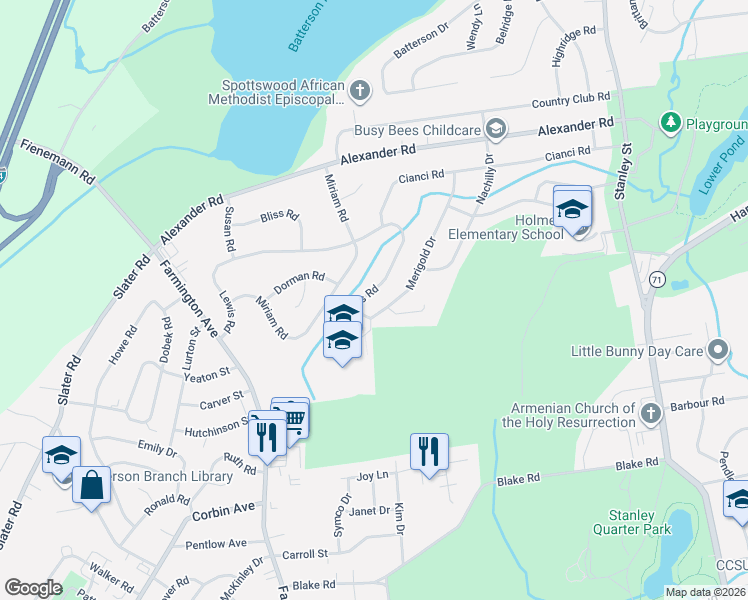 map of restaurants, bars, coffee shops, grocery stores, and more near 185 Merigold Drive in New Britain