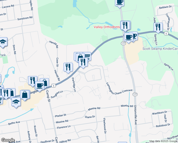 map of restaurants, bars, coffee shops, grocery stores, and more near 2 Florence Way in Farmington