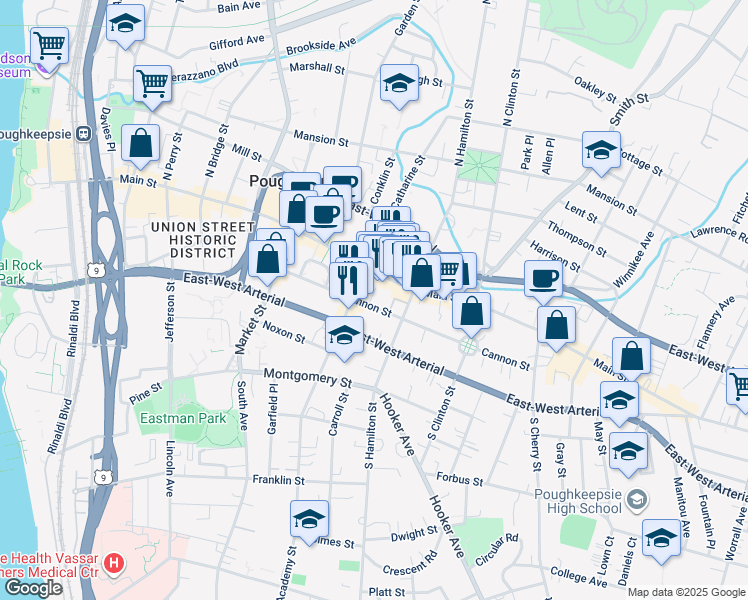 map of restaurants, bars, coffee shops, grocery stores, and more near 105 Cannon Street in Poughkeepsie