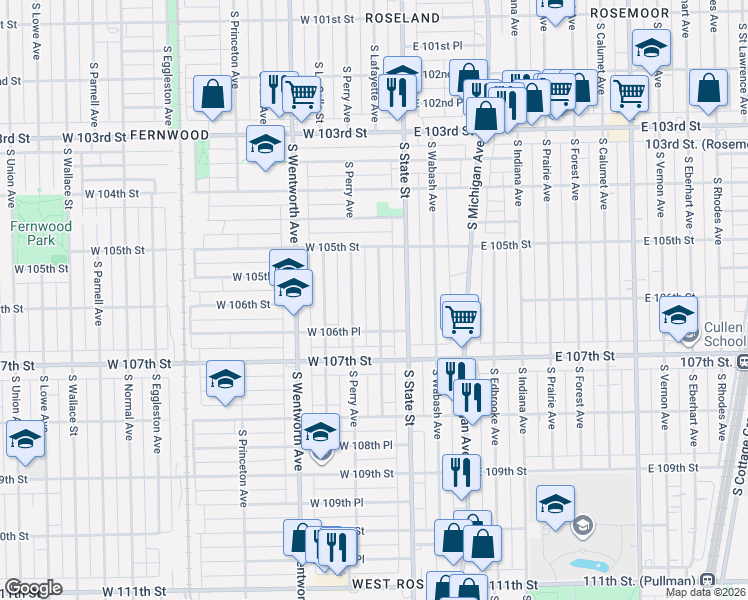 map of restaurants, bars, coffee shops, grocery stores, and more near 10601 South Perry Avenue in Chicago