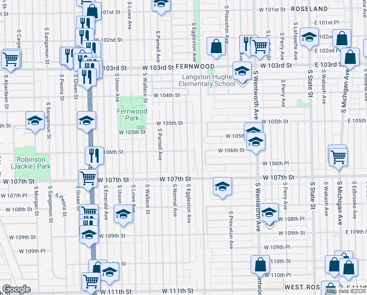 map of restaurants, bars, coffee shops, grocery stores, and more near 10600 South Eggleston Avenue in Chicago