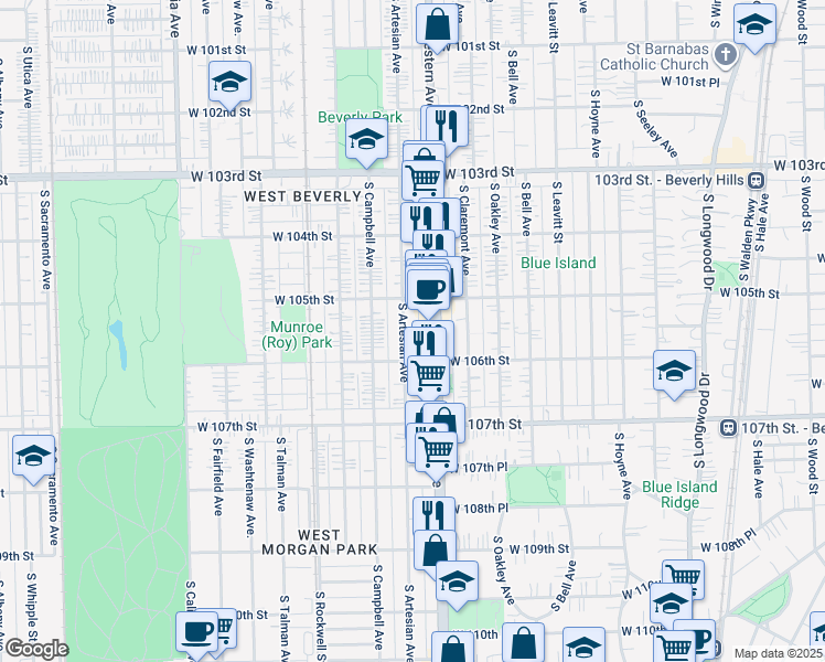 map of restaurants, bars, coffee shops, grocery stores, and more near 10543 South Artesian Avenue in Chicago