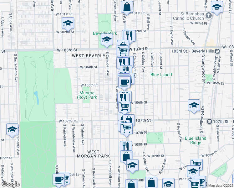 map of restaurants, bars, coffee shops, grocery stores, and more near 10543 South Artesian Avenue in Chicago