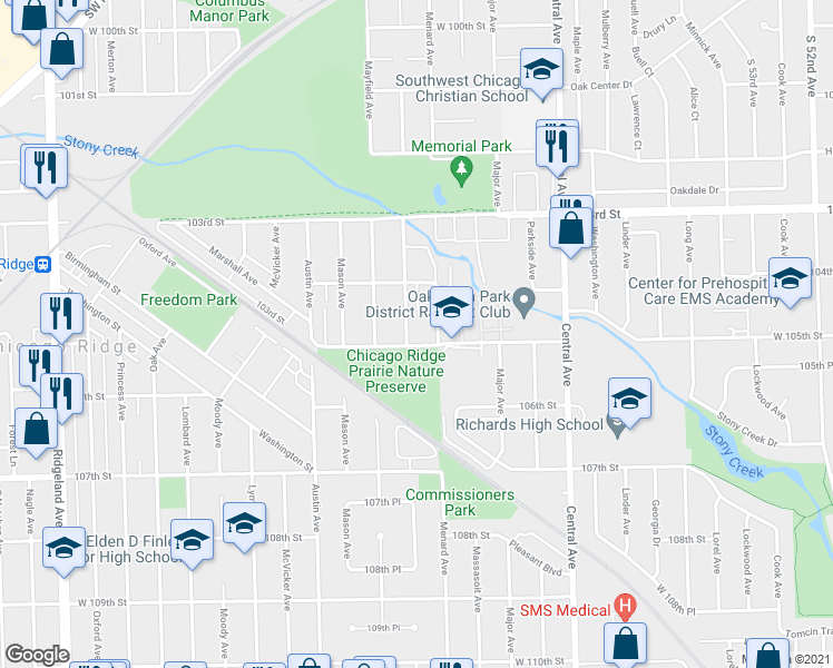 map of restaurants, bars, coffee shops, grocery stores, and more near 5800 West 105th Street in Oak Lawn