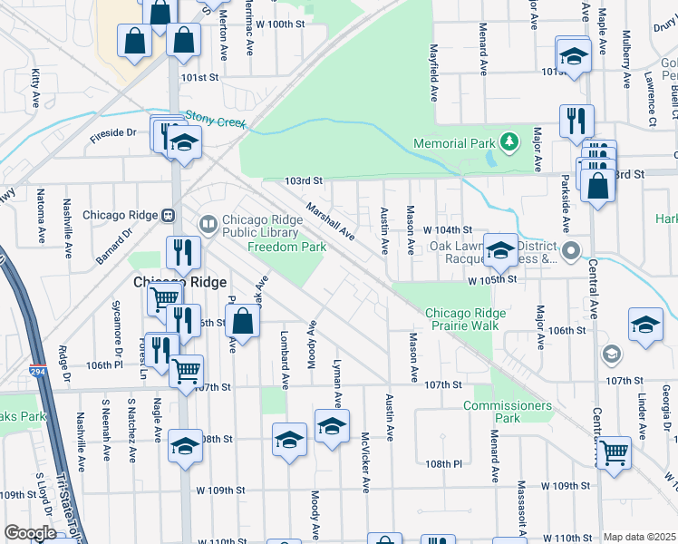 map of restaurants, bars, coffee shops, grocery stores, and more near 10401 Moody Avenue in Chicago Ridge