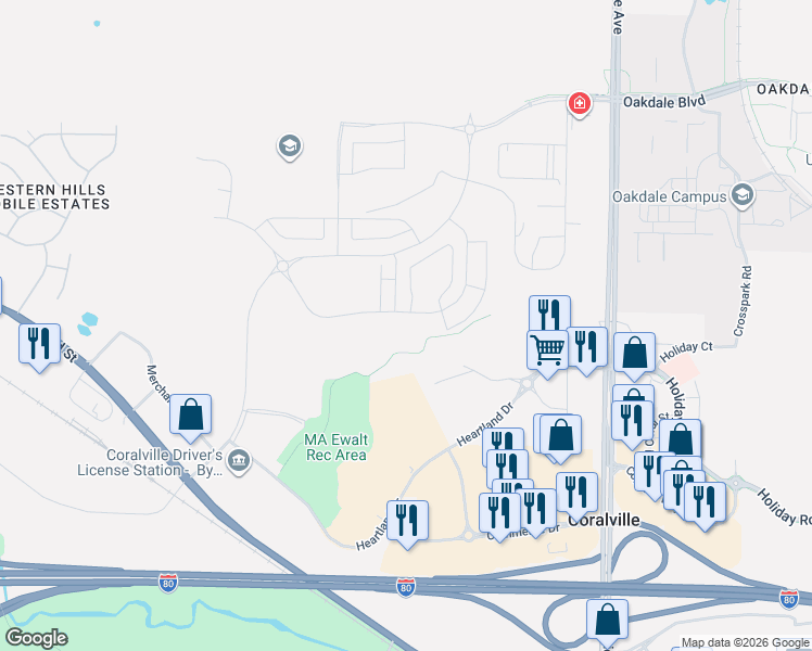 map of restaurants, bars, coffee shops, grocery stores, and more near 2855 Heartland Drive in Coralville
