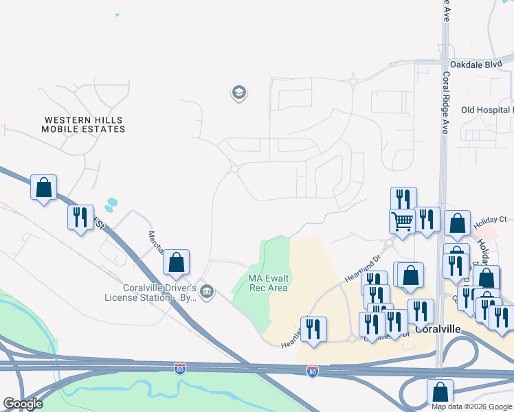 map of restaurants, bars, coffee shops, grocery stores, and more near 2332 Liberty Drive in Coralville