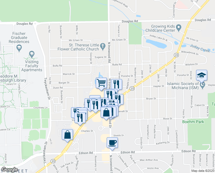 map of restaurants, bars, coffee shops, grocery stores, and more near 2212 Dunn Road in South Bend
