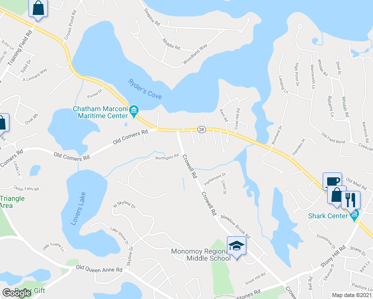 map of restaurants, bars, coffee shops, grocery stores, and more near 714 Crowell Road in Chatham