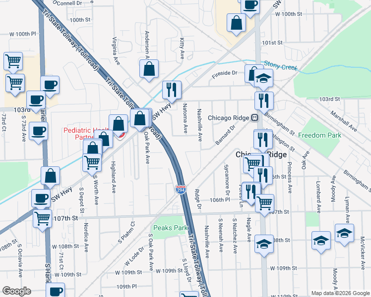 map of restaurants, bars, coffee shops, grocery stores, and more near 10428 Natoma Avenue in Chicago Ridge