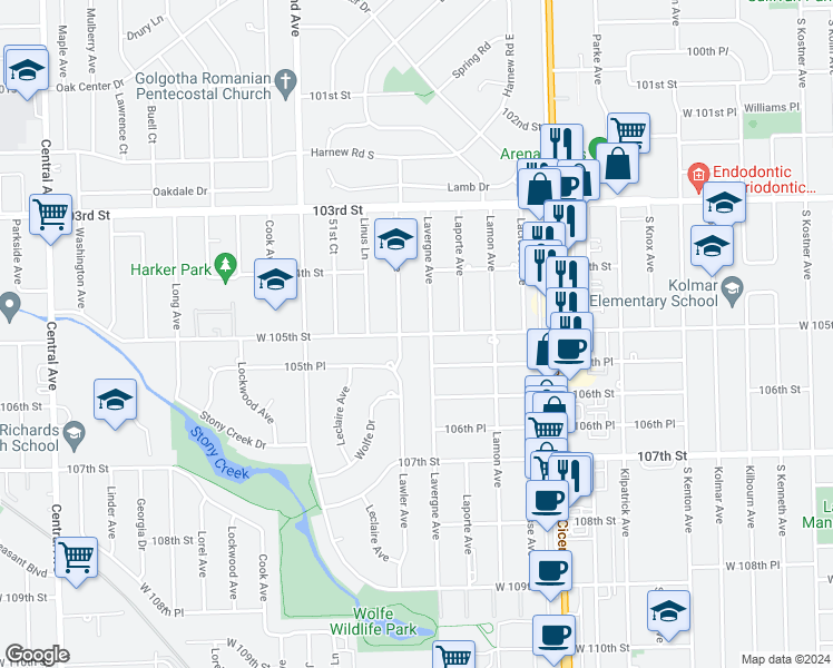 map of restaurants, bars, coffee shops, grocery stores, and more near 5005 105th Street in Oak Lawn