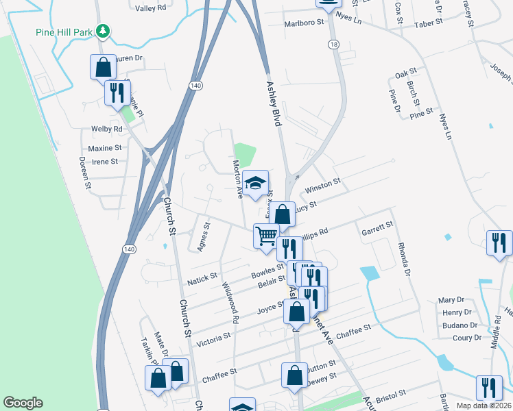 map of restaurants, bars, coffee shops, grocery stores, and more near 145 Essex Street in New Bedford