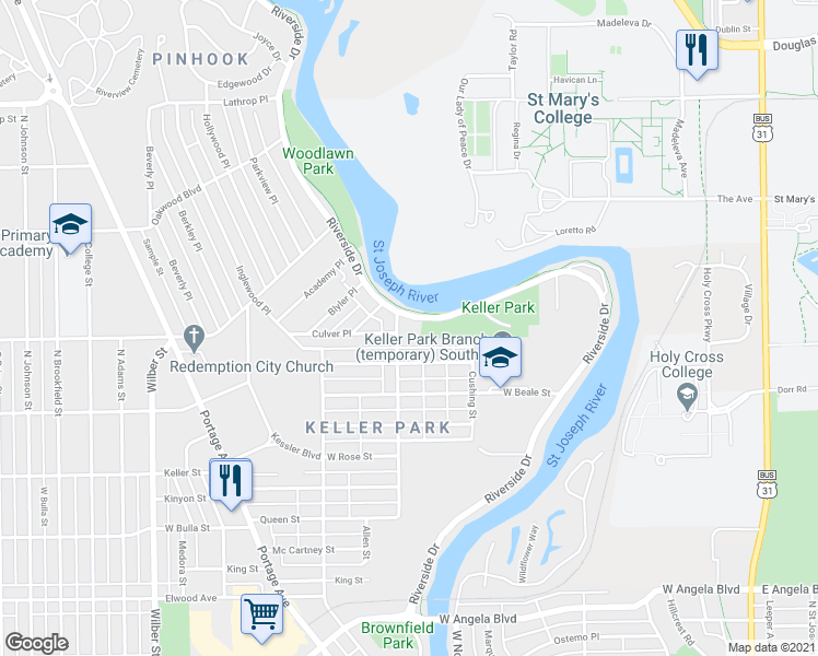 map of restaurants, bars, coffee shops, grocery stores, and more near 1985 Riverside Drive in South Bend