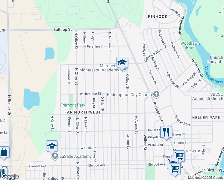 map of restaurants, bars, coffee shops, grocery stores, and more near 1909 West Hamilton Street in South Bend