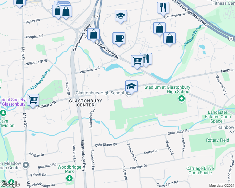 map of restaurants, bars, coffee shops, grocery stores, and more near 276 Hubbard Street in Glastonbury