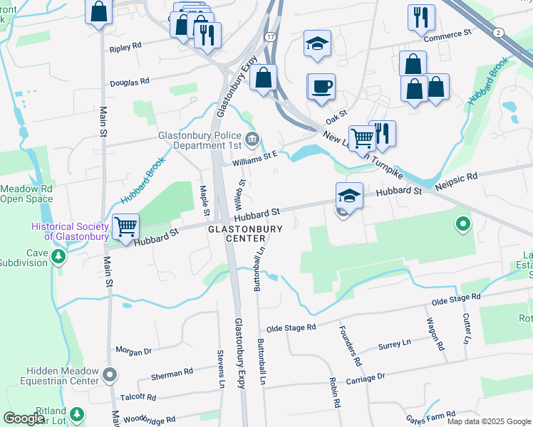 map of restaurants, bars, coffee shops, grocery stores, and more near 204 Hubbard Street in Glastonbury