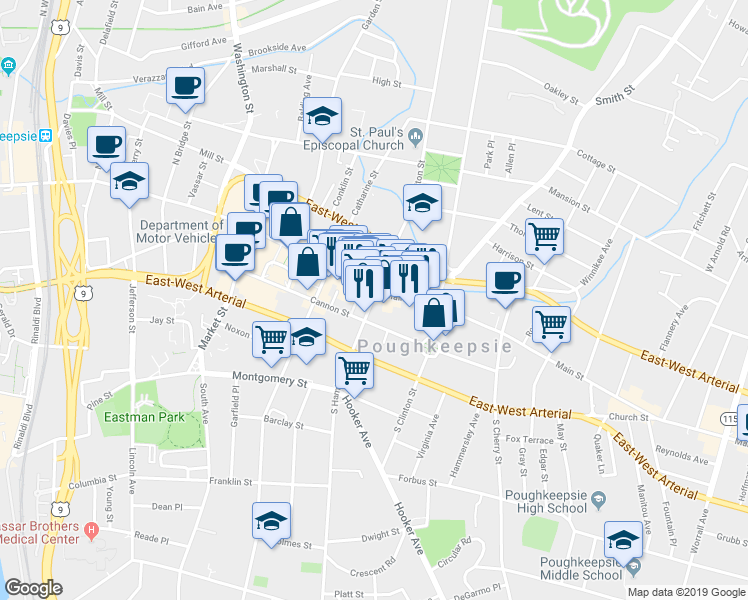 map of restaurants, bars, coffee shops, grocery stores, and more near 2 South Hamilton Street in Poughkeepsie