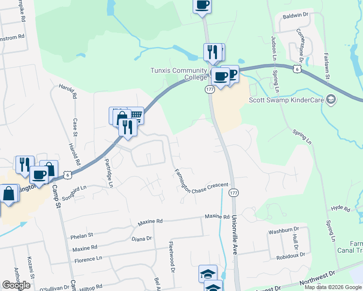 map of restaurants, bars, coffee shops, grocery stores, and more near William Penn Dr in Farmington