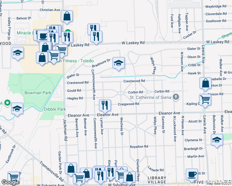 map of restaurants, bars, coffee shops, grocery stores, and more near 1471 Gould Road in Toledo