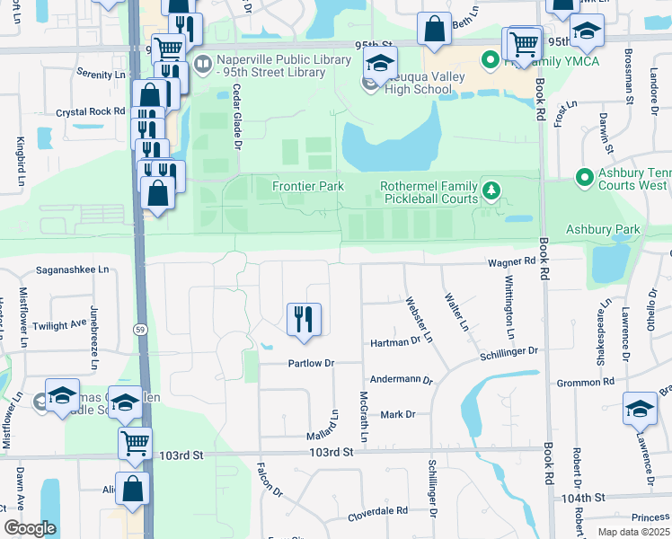map of restaurants, bars, coffee shops, grocery stores, and more near 11S452 McGrath Lane in Naperville