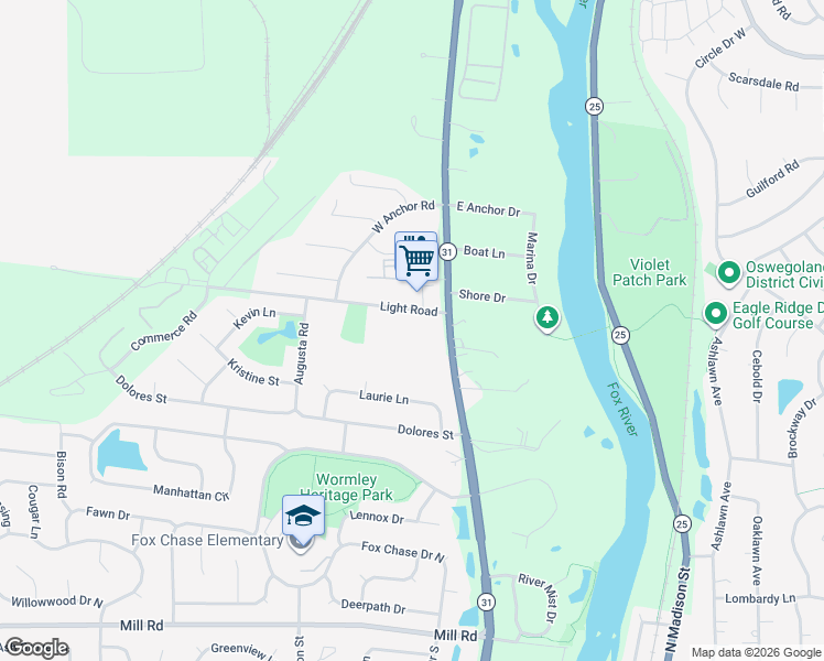map of restaurants, bars, coffee shops, grocery stores, and more near 2600 Light Road in Oswego