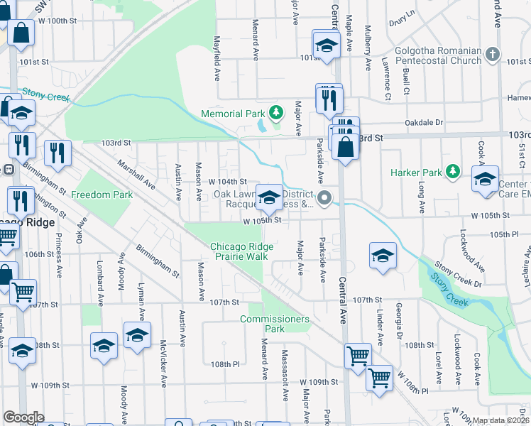 map of restaurants, bars, coffee shops, grocery stores, and more near 5800 West 105th Street in Oak Lawn
