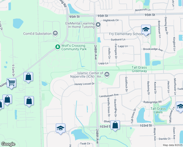 map of restaurants, bars, coffee shops, grocery stores, and more near 3440 Birch Lane in Naperville