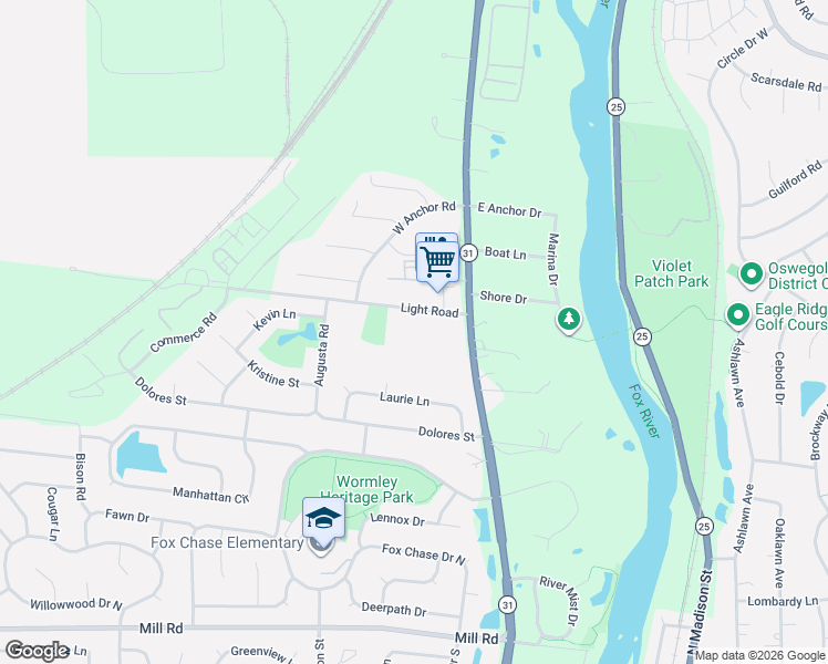 map of restaurants, bars, coffee shops, grocery stores, and more near 2400 Light Road in Oswego
