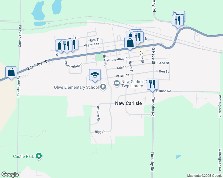 map of restaurants, bars, coffee shops, grocery stores, and more near Bray Street in New Carlisle