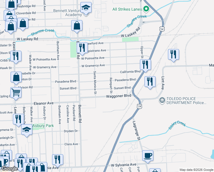 map of restaurants, bars, coffee shops, grocery stores, and more near 223 Sunset Boulevard in Toledo