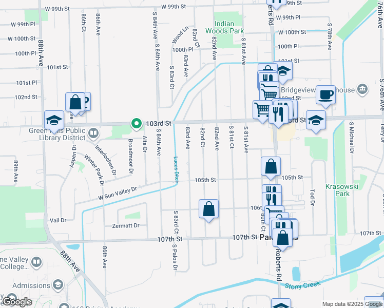 map of restaurants, bars, coffee shops, grocery stores, and more near 10405 South 83rd Avenue in Palos Hills