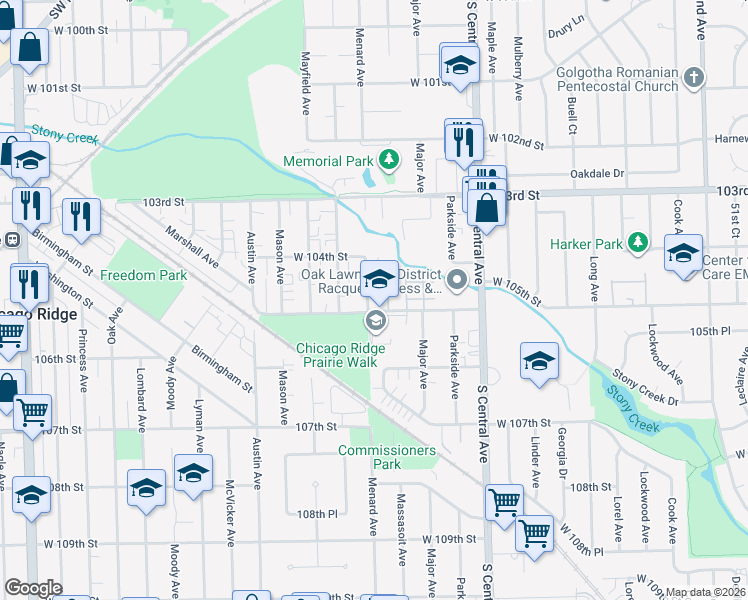 map of restaurants, bars, coffee shops, grocery stores, and more near 10435 Menard Avenue in Oak Lawn