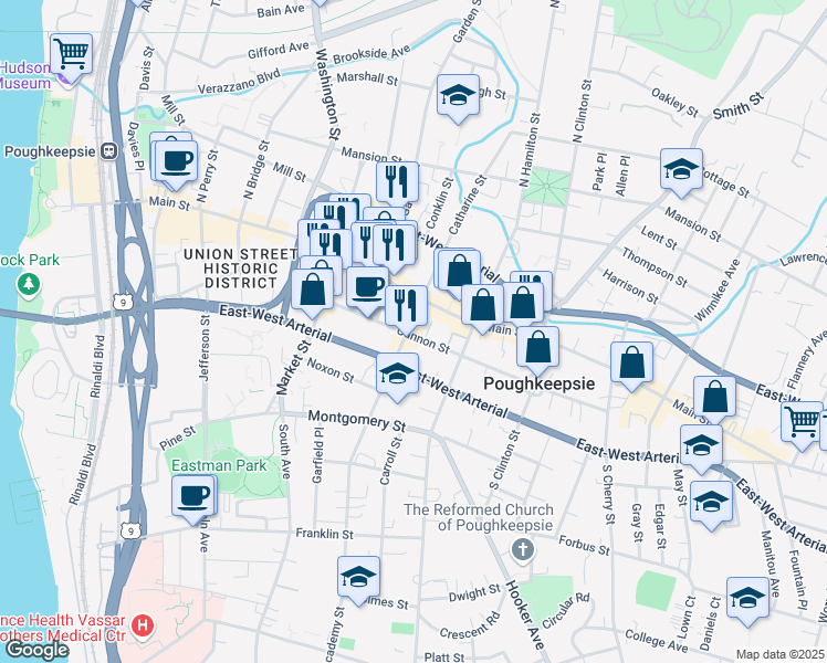 map of restaurants, bars, coffee shops, grocery stores, and more near 23 Academy Street in Poughkeepsie