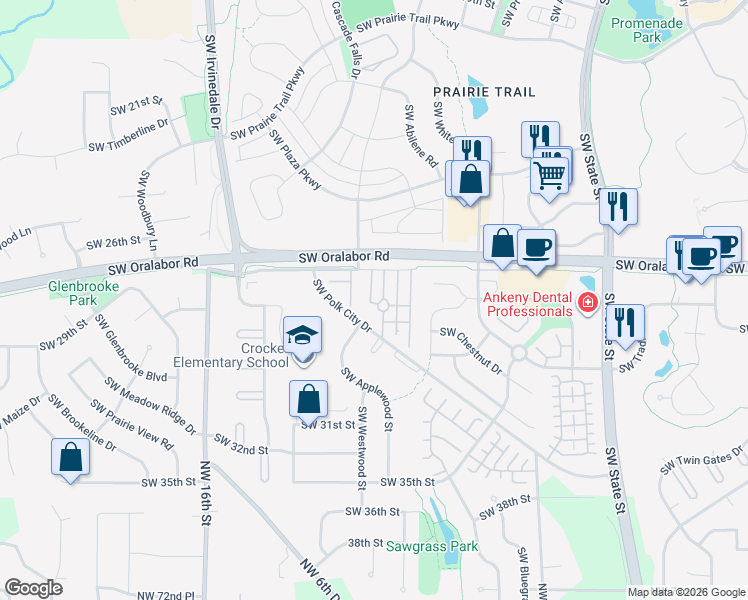 map of restaurants, bars, coffee shops, grocery stores, and more near 7684 Southwest Polk City Drive in Ankeny