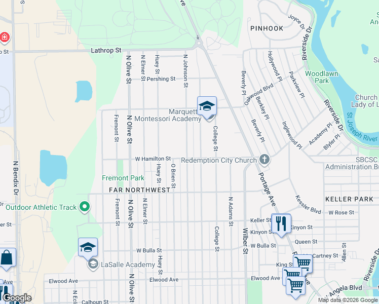 map of restaurants, bars, coffee shops, grocery stores, and more near 1909 West Hamilton Street in South Bend