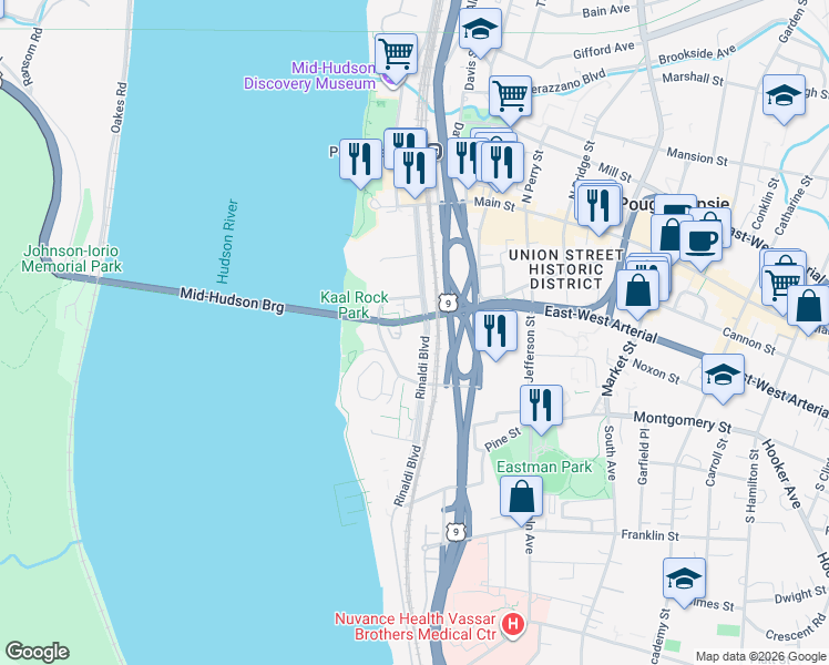 map of restaurants, bars, coffee shops, grocery stores, and more near 64 Rinaldi Boulevard in Poughkeepsie
