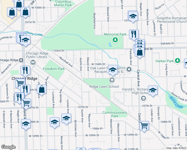 map of restaurants, bars, coffee shops, grocery stores, and more near 10430 Mayfield Avenue in Oak Lawn