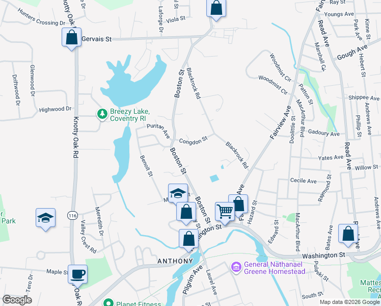 map of restaurants, bars, coffee shops, grocery stores, and more near 95 Boston Street in Coventry